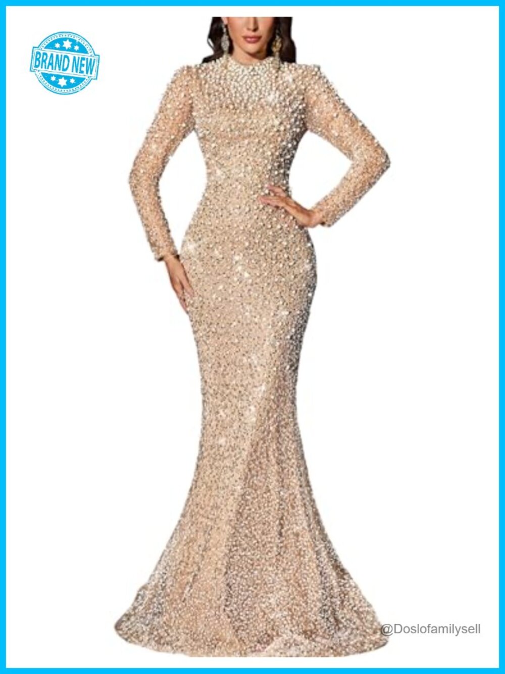 Mermaid Formal Evening Gown Beaded Sequin Long Sleeve Prom Dress